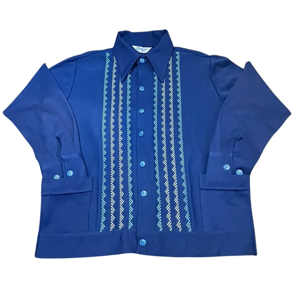 Vintage MCM Cobalt Blue Button Down‎ Shirt / Cardigan With Geo Print Strips L